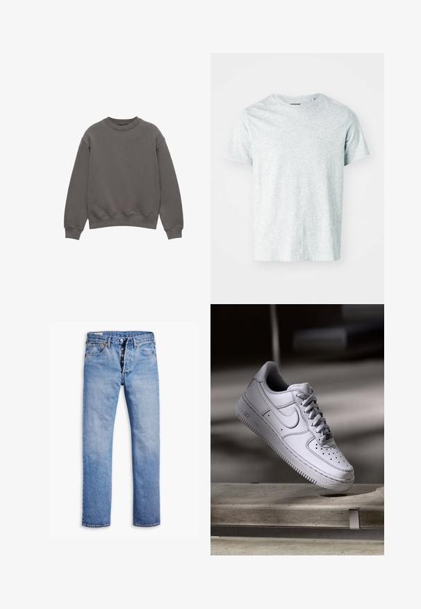 Sweat-shirt uni gris foncé à manches longues, col rond, avec poignets et ourlet côtelés, présenté sur fond blanc.; T-shirt gris clair à manches courtes en tissu doux, avec un col rond et une coupe légèrement décontractée. Aucun motif ou graphique visible.; Jeans en denim bleu clair avec une coupe droite, une fermeture à cinq boutons, des passants de ceinture et un délavage subtil. Dispose de deux poches avant et de rivets en cuivre.; La basket Nike Air Force 1 en cuir blanc présente un embout perforé, des lacets plats et une semelle en caoutchouc texturée avec le logo « AIR » sur le côté.