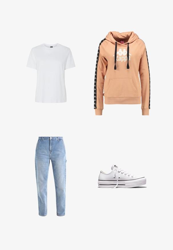 Kappa AUTHENTIC TWENNY - Hoodie - dusty coral; Effen witte T-shirt met korte mouwen en ronde hals, weergegeven op een witte achtergrond zonder zichtbare patronen of logo’s.; Lichtblauwe denim jeans met een hoge taille, taps toelopende pijp, vijf zakken en klassieke metalen knoopsluiting. Subtiele vervaagde textuur door het hele ontwerp.; Wit lage canvas sneaker met witte veters, rubberen zool, zwarte streepdetails en logopatch op de tong en hiel.