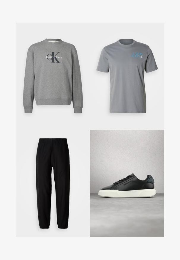 Sudadera gris con cuello redondo y puños acanalados, con un logo impreso, "Calvin Klein", en colores contrastantes en el frente.; Camiseta de algodón gris con cuello redondo, de mangas cortas, que presenta el texto azul "CALVIN KLEIN" impreso en el lado izquierdo. Textura suave.; Pantalones de chándal negros con cintura elástica, piernas ajustadas y dobladillos. Textura de tela suave. Detalle del logo en un lado.; Zapatilla deportiva de cuero negro con suela blanca, cordones negros y logotipo en relieve, mostrada flotando sobre un suelo gris con fondo de pared de bloques de vidrio.