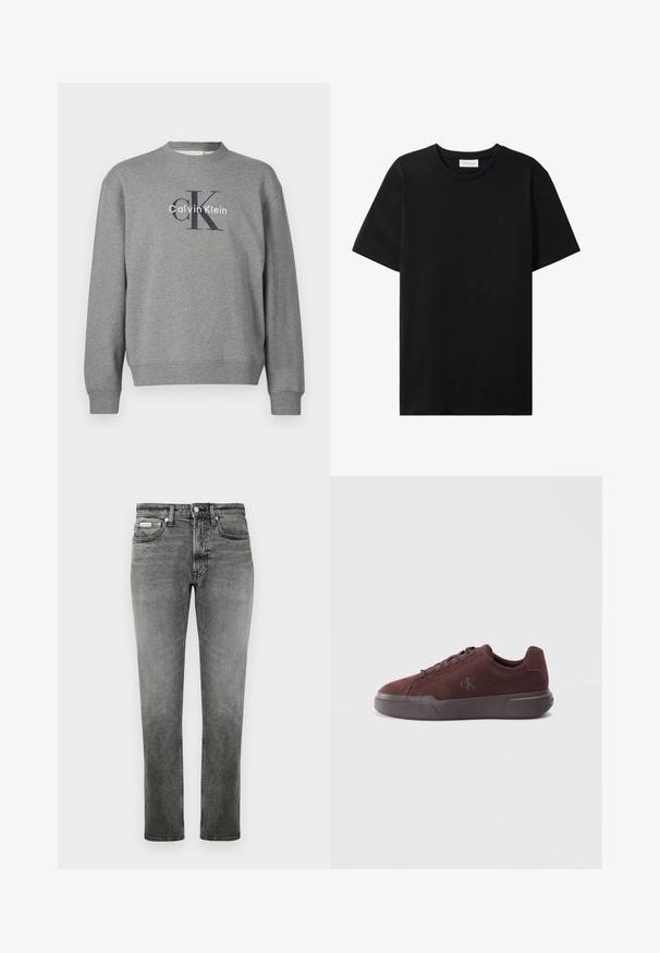 Grauer Pullover mit Rundhalsausschnitt und gerippten Bündchen, vorne mit einem aufgedruckten Logo "Calvin Klein" in kontrastierenden Farben.; Schwarzes T-Shirt mit kurzen Ärmeln und Rundhalsausschnitt, mit dezentem Calvin Klein Jeans-Logo auf der Brust und einem Etikett im Halsausschnitt.; Graue gerade geschnittene Jeans aus Denim mit Vordertaschen, Gürtelschlaufen, Knopfverschluss und dezenten Ausbleichungen.; Burgunderfarbene Wildledersneaker mit Gummisohle, runden Schnürsenkeln und einem dezenten, geprägten Logo an der Seite zur Markenkennzeichnung.