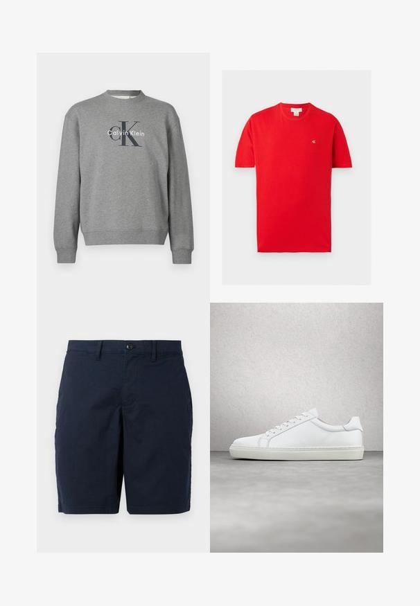 Grå sweatshirt med rund hals og ribstrikkede manchetter, med et trykt logo, "Calvin Klein," i kontrastfarver på forsiden.; Rød T-shirt med korte ærmer og rund hals med lille hvidt "cK"-logo på venstre bryst og Calvin Klein Jeans-mærke indeni kraven.; Marineblå shorts lavet af letvægtsstof. Har en knaplukning, flad front og to sidelommer. Klassisk, lige pasform.; Hvide sneakers med en glat læderoverdel og lav profil. Har en rund tå, seks snørehuller og en tekstureret gummisål.