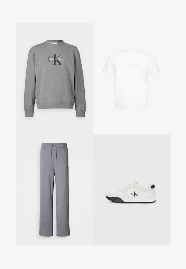 Grauer Pullover mit Rundhalsausschnitt und gerippten Bündchen, vorne mit einem aufgedruckten Logo "Calvin Klein" in kontrastierenden Farben.; Weißes T-Shirt mit kurzen Ärmeln und Rundhalsausschnitt mit kleinem gesticktem "ck" Logo auf der linken Brust.; Graue, weit geschnittene Sweatpants aus weichem Material; verfügen über einen elastischen Bund mit Kordelzug und keine Taschen. Einfaches, unauffälliges Design.; Weiße Calvin Klein Sneaker mit schwarzem Sohle, Wildleder- und Mesh-Einsätzen, CK-Logo an der Seite sowie Calvin Klein-Branding an Ferse und Sohle.