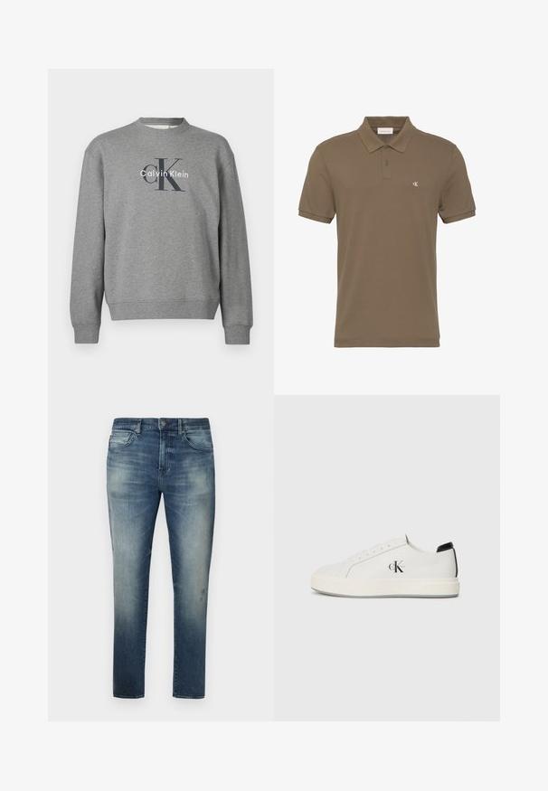 Šedá mikina s okrúhlym výstrihom a rebrovanými manžetami, so sieťotlačovým logom „Calvin Klein“ v kontrastných farbách na prednej strane.; Hnedé polo tričko s krátkym rukávom, dvoma gombíkmi a malým bielym logom "CK" na ľavej hrudi.; Modré džíny z denimu so vyblednutým dizajnom, rovný strih nohavíc, s piatimi vreckami a malým detailom loga na páse, s uzatváraním na gombík.; Biele kožené tenisky s okrúhlou špičkou, plochou gumovou podrážkou a čiernym akcentom na päte. Na boku sa nachádza výrazné čierne logo Calvin Klein.