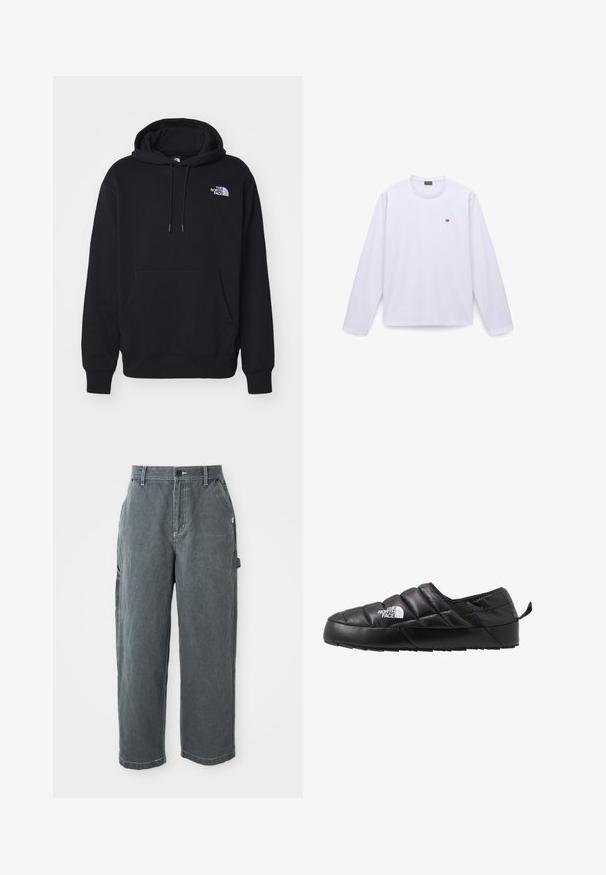 Schwarzer Hoodie aus weichem Material, mit einer Taschenfront, einer Kapuze mit Kordelzug und kleinem weißem Logo auf der oberen linken Brust.; Schlichtes weißes Langarmshirt mit Rundhalsausschnitt und kleinem rot-weißen Flaggenlogo auf der linken Brust vor weißem Hintergrund.; Dunkelgraue gerade Arbeitshosen mit Gürtelschlaufen, vorderem Knopf und Reißverschluss, Seitentaschen und einer Hammer-Schlaufe am rechten Bein.; Schwarzer Slipper mit gestepptem Design, aus gepolstertem Material gefertigt. Verfügt über eine strukturierten Gummisohle und eine kleine Lasche hinten.