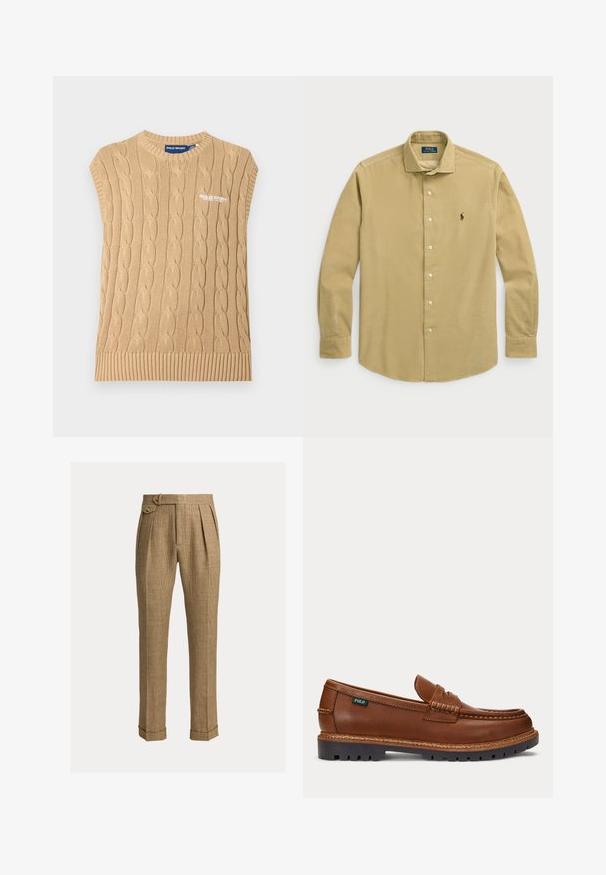 Beige kabelgestrickte ärmellose Strickweste mit geripptem Saum und „POLO SPORT“-Logo, das auf der Brust gestickt ist.; Helles khakifarbenes Langarmhemd aus Baumwolle, mit Button-Down-Kragen, vorderen Knöpfen und einem kleinen gestickten Logo auf der Brust.; Braune karierte Hose mit hohem Bund, Falten, Seitentaschen, geknöpftem Seitentab, umgeschlagenen Säumen und maßgeschneiderten geraden Beinen.; Brauner Lederloafer mit aufgenähten Details, robuster schwarzer Sohle und kleinem "Polo"-Etikett an der Seite.