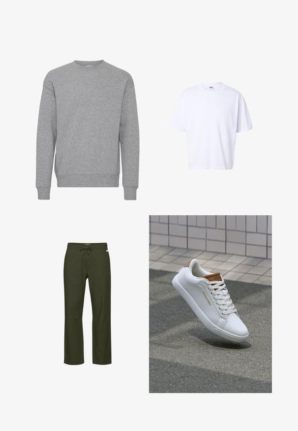 Effen lichtgrijze sweat met lange mouwen, voorzien van geribde kraag, manchetten en zoom, recht van voren weergegeven tegen een witte achtergrond.; Effen witte katoenen T-shirt met korte mouwen, ronde hals, losse pasvorm en Urban Classic merklabel aan de binnenkant van de kraag.; Olijfgroene broek met een tailleband met trekkoord, rechte pijp, zachte stoftextuur en een subtiel logovlaggetje aan de voorkant.; Witte leren sneakers met een gladde textuur, tan accent op de hiel, gouden logo aan de zijkant en een rubberen zool met een gestructureerde grip.