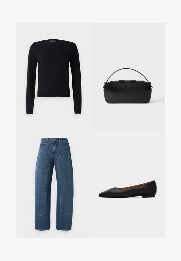 Schwarzer Strickpullover mit einem Diamantenmuster, langen Ärmeln, rundem Halsausschnitt und gerippten Bündchen und Saum. Hergestellt aus weichem, strukturiertem Material.; Blaue Jeans aus Denim mit weitem Bein, großen aufgesetzten Taschen vorne, Knopfverschluss und Gürtelschlaufen.; Schwarzer flacher Schuh aus Leder mit spitz zulaufender Vorderkappe, niedrigem Absatz und glatter Oberfläche, von der Seite vor einem hellgrauen Hintergrund dargestellt.; Schwarze Leder-Armbandtasche mit silbernem Reißverschluss und kurzem Griff, geprägtes Emporio Armani Milano 1981-Logo auf der Vorderseite.