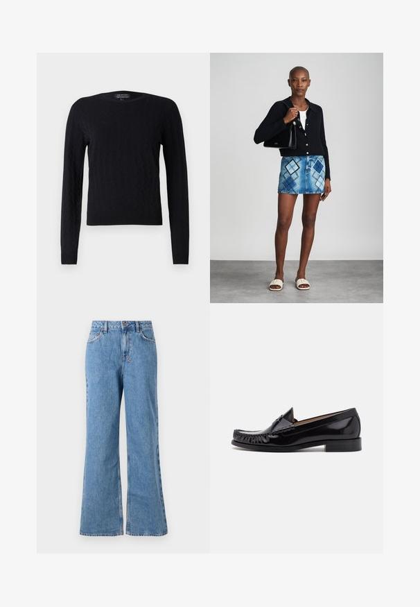 Pull en maille noir avec un motif en losange, manches longues, col rond et poignets et ourlet côtelés. Fabriqué en matériau doux et texturé.; Jean large en denim bleu clair à taille haute, avec fermeture à bouton et à glissière, poches frontales et texture décolorée.; Mocassin en cuir noir avec une finition brillante, présentant des franges à l'avant et un petit talon empilé.; Un cardigan en maille noir, un haut blanc, une jupe en denim avec un motif de diamants bleus et noirs, un sac à main noir et des sandales à enfiler beiges.