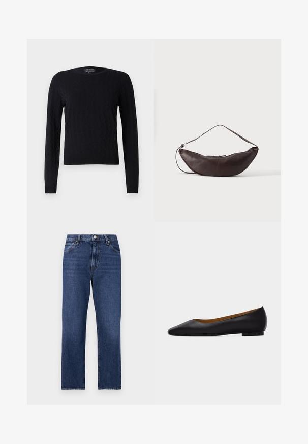Sort striktrøje med diamantmønster, lange ærmer, runde halsudskæring og ribbede mansjetter og kant. Fremstillet af blødt, tekstureret materiale.; Denim jeans i en mørkeblå vask. Lige ben-design med fem-lomme stil, front lukning med knap og kontrasterende syning.; Sort læder flad sko med spids tå, lav hæl og glat finish, vist fra siden på en lysegrå baggrund.; Mørkebrun læder skuldertaske i halvmåneform med buet rem og synlige syninger på ensfarvet baggrund.