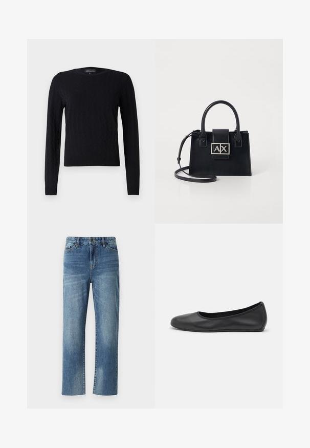 Sort striktrøje med diamantmønster, lange ærmer, runde halsudskæring og ribbede mansjetter og kant. Fremstillet af blødt, tekstureret materiale.; Blå denimjeans med lige ben, der har en knaplukning, frontlommer og en falmet tekstur over det hele.; Sort læderballetsko med rund tå, glat tekstur, minimal syning og et fleksibelt såldesign.; Sort læder håndtaske med en struktureret design, top håndtag og en aftagelig skulderrem. Har en logo-plade i sølvfarve og en glat overflade.