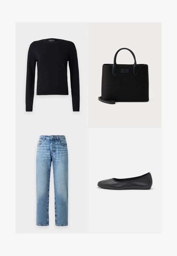 Zwarte gebreide trui met een ruitpatroon, lange mouwen, een ronde halslijn en geribde manchetten en onderrand. Gemaakt van zachte, gestructureerde stof.; Lichtblauwe denim jeans met een rechte pijp, zichtbare stiksels, een knopen sluiting en vijf-pocket styling.; Zwarte leren ballerina met een ronde neus, gladde textuur, minimale stikdetails en een flexibele zoolontwerp.; Zwarte rechthoekige handtas met dubbele handvatten, subtiel reliëfpatroon en een afneembare riem met gouden gesp op een lichte achtergrond.