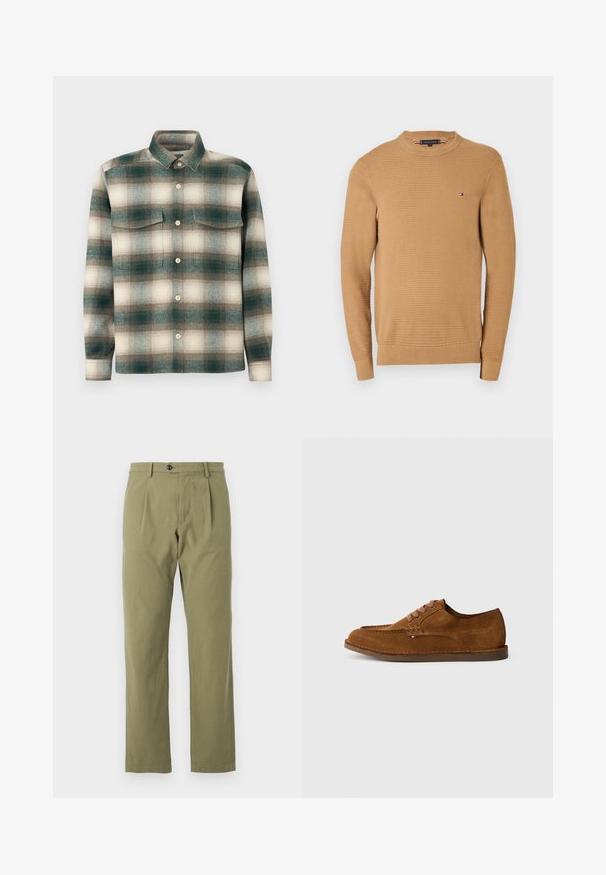 Tan striktrøje med rund hals, ribbede manchetter og kant. Har et lille broderet logo på brystet. Tekstureret stof med subtilt mønster.; Rutig skjorte i nuancer af grøn, beige og brun. Fremstillet af tekstureret stof med knaplukning foran og to brystlommer.; Olivenfarvede bukser lavet af en blanding af bomuldsstof, med en afslappet lige pasform, frontfolder og en enkelt knaplukning i taljen.; Brun ruskindsko med rundet tå, dekorative syninger og seks kontrasterende snørehuller. Flad sål og minimalistisk design.