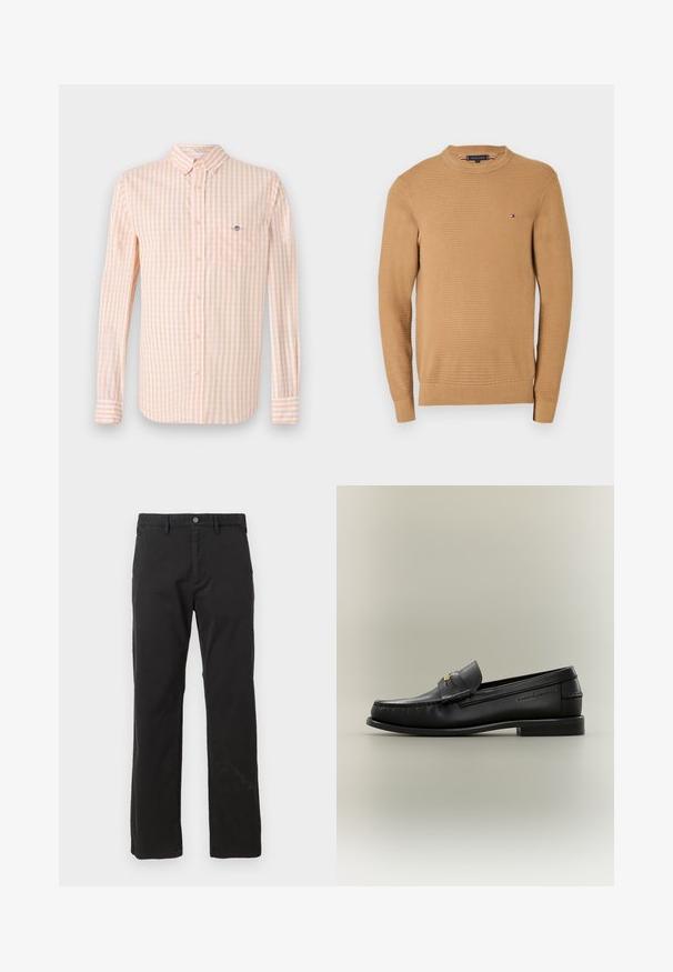 Suéter de punto color arena con cuello redondo, puños y dobladillo acanalados. Presenta un pequeño logo bordado en el pecho. Tejido texturizado con un patrón sutil.; Camisa de tela a cuadros en naranja claro y blanco, con mangas largas, cuello abotonado y bolsillo en el pecho. Presenta un logo sutil en el bolsillo.; Pantalones negros de algodón, con corte recto, bolsillos frontales y cierre con botón, con una textura suave. Sin patrones visibles.; Mocasín negro de cuero sin cordones con tacón bajo, detalle de hebilla dorada y nombre de la marca en relieve en el lateral sobre un fondo neutro.