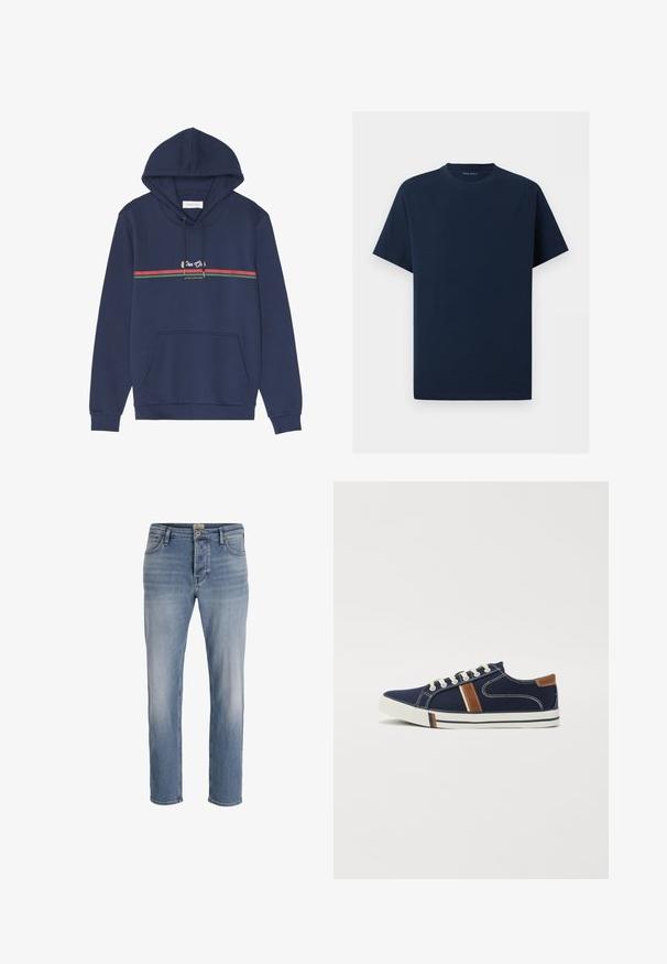 Mørkeblå hættetrøje med forlommetaskelomme, snøring i hætte, røde og grønne horisontale striber samt "Pier One"-logo og tekst på brystet.; Enkelt mørkeblåt T-shirt med korte ærmer og rund hals på hvid baggrund, der viser forfra uden synlige logoer eller designs.; Lysblå denimjeans med lige pasform, let falmning foran, fem-lomme design og metalknaplukning i taljen.; Marineblå lærredssneakers med hvid snørelukning, brune accenter og sidestipede detaljer. Har en gummisål og kontrasterende syninger.