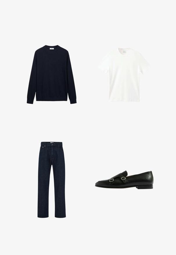 Mango MICROSTRUCTURED - Trui - dark blue; Witte korte mouwen t-shirt van gladde katoen, met een ronde halslijn en een relaxte pasvorm zonder zichtbare patronen of accenten.; Donkerblauwe rechte spijkerbroek met knoop- en ritssluiting aan de voorkant, riemlussen en voorzakken.; Zwarte leren loafers met twee zilveren gespaccenten, een spitse neus en een lage hak. Glad oppervlak met minimale stikseldetails.