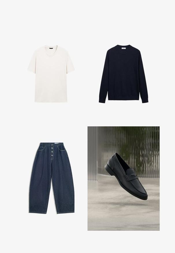 Mango MICROSTRUCTURED - Striktrøje - dark blue; Lys hvid kortærmet t-shirt med rund hals, vist fladt med synlig halslabel mod en hvid baggrund.; Mørkeblå denim bukser med brede ben og høj talje, fem knaplukninger og fem lommer. Har stikninger som accent på sømmene.; Sort læderloafer med glat finish, spids tå og sømdetaljer over vristen. Lav hæl og minimalistisk design.