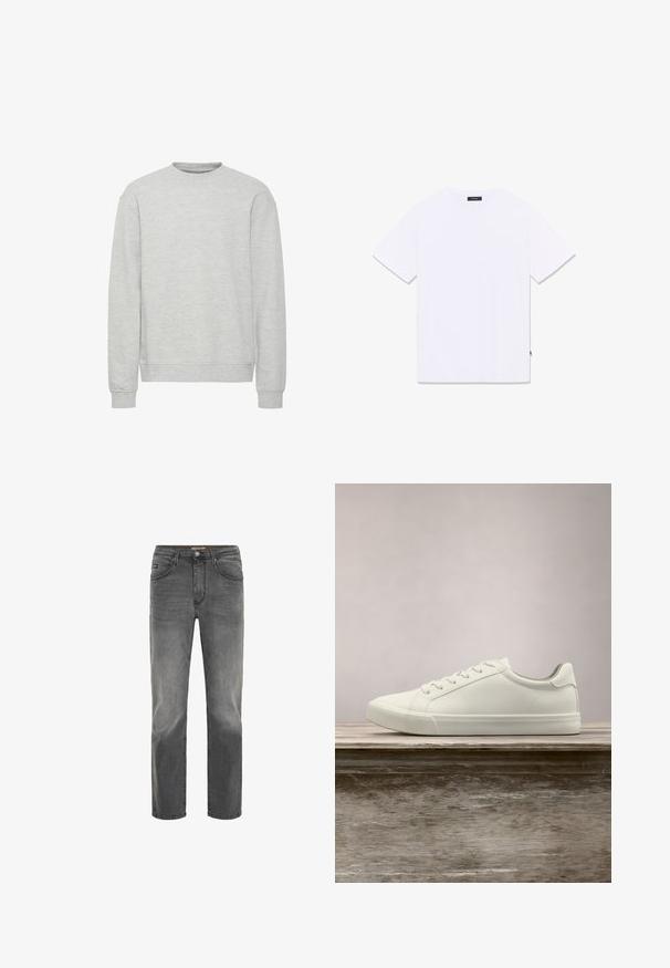 Sweatshirt gris clair avec col rond, manches longues, bords-côtes aux poignets et à l'ourlet, fabriqué en tissu texturé doux. Design simple, sans motifs.; T-shirt blanc à manches courtes et col rond, présenté à plat de dos, avec une petite étiquette noire à l'encolure et à la couture latérale.; Jean droit pour homme en denim noir délavé, avec fermeture à bouton et à zip, poches avant et arrière, et passants de ceinture.; Sneaker en dentelle blanche flottant au-dessus d'un banc en bois avec un feuillage vert en arrière-plan, mettant en valeur le design et la texture de la chaussure.