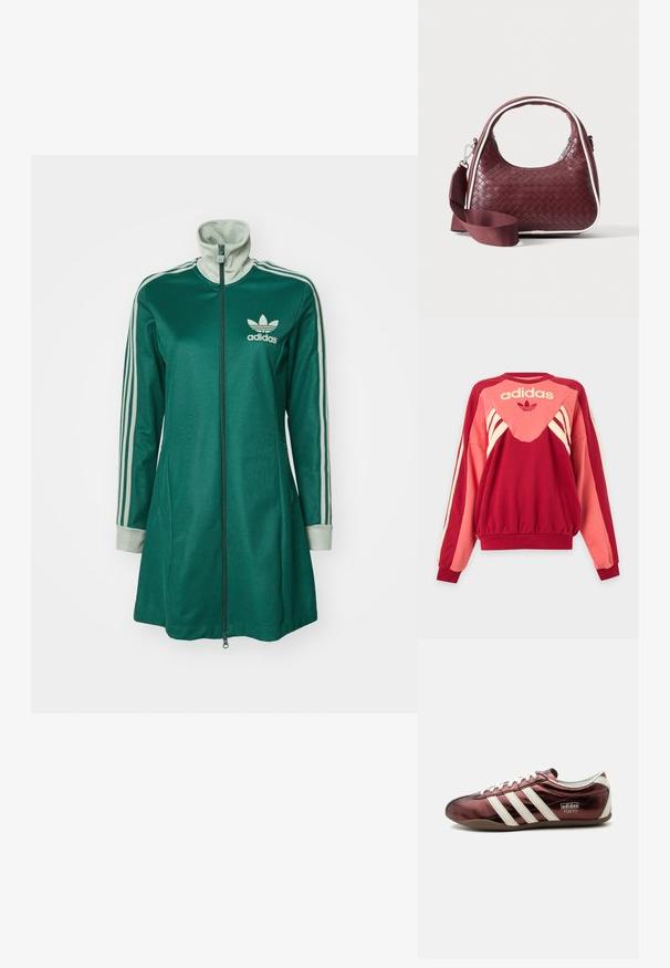 Rød og pink Adidas sweatshirt med lange ærmer, cremefarvede striber, logo og trefoil-symbol på fronten mod en lys baggrund.; Grøn zip-up athletic jakke med høj krave, tre hvide striber på ærmerne, cremefarvede manchetter og Adidas-logo på brystet.; Lavprofileret metallisk burgundy Adidas sneaker med hvide striber, snørebånd og "Adidas Tokyo" mærkning på siden.; Mørkerød vævet lædertaske med buet hank, hvid kant, sølv lynlås og aftagelig bred stofskulderrem mod en ensfarvet baggrund.