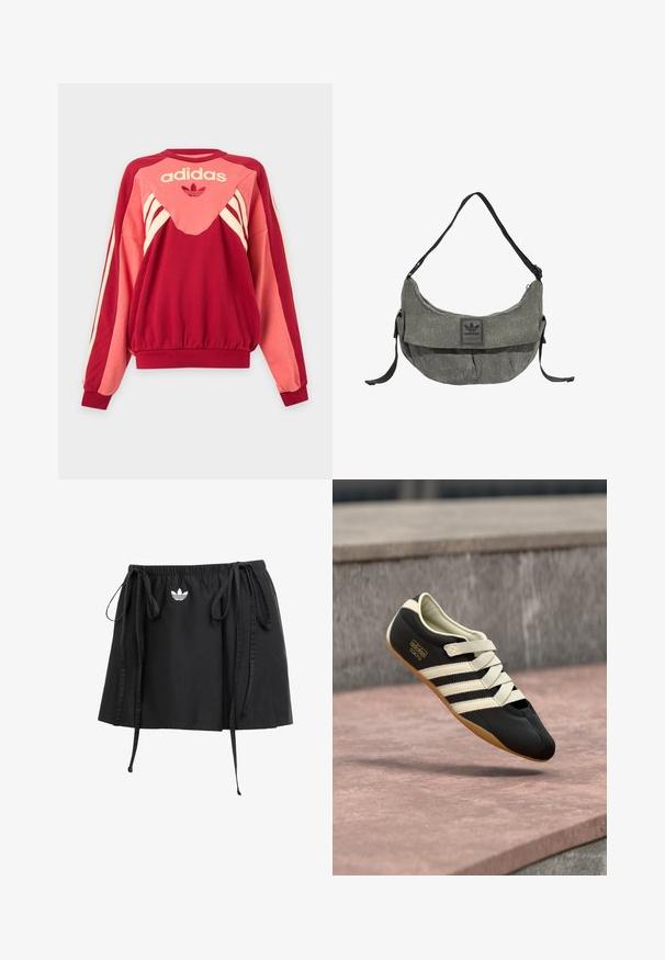 Sudadera Adidas roja y rosa con mangas largas, rayas crema, logo y símbolo de trébol en el frente sobre un fondo claro.; Falda atlética negra con cordones ajustables, que cuenta con un pequeño logo blanco en la parte frontal. Hecha de una tela ligera con una textura suave.; Zapatilla deportiva negra con rayas y cordones crema, con perfil bajo, textura suave y suela de goma para agarre. Etiqueta de la marca visible.; Bolso bandolera gris de tela Adidas con correa negra ajustable y solapa frontal con parche con el logo de Adidas.