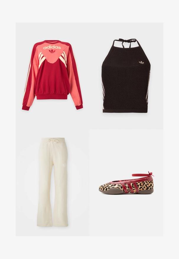 Rød og pink Adidas sweatshirt med lange ærmer, cremefarvede striber, logo og trefoil-symbol på fronten mod en lys baggrund.; Sort mesh halter crop top med tekstureret design. Har pink accentstriber og en lille logo foran. Lukning med bånd bagpå.; Cremefarvede sweatpants med en blød tekstur, featuring en snoretræk i taljen og flair ben. Diskret logo detalje på venstre hofte.; Flad sko med leopardmønster, rød læderkant, ankelrem og brun gummisål, vist fra ydersiden.