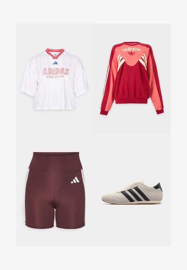Sweat-shirt Adidas rouge et rose à manches longues, rayures crème, logo et symbole trèfle sur le devant sur un fond clair.; T-shirt blanche courte avec des accents et des rayures rouges, arborant "ADIDAS SPORTSWEAR" en lettres rouges en gras et un détail de logo bleu sur le col.; Shorts taille haute bordeaux en matériau extensible, avec des rayures blanches sur les côtés et le logo Adidas en blanc sur le devant.; Baskets gris clair avec des rayures noires, bout arrondi, tige en cuir lisse, fermeture à bande Velcro et semelle en caoutchouc.