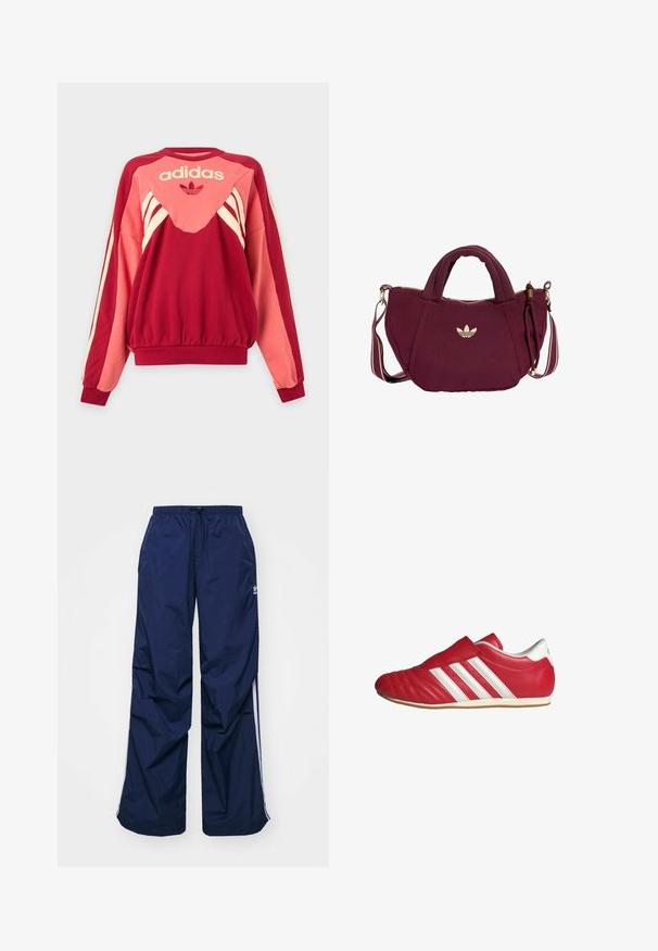 Rød og pink Adidas sweatshirt med lange ærmer, cremefarvede striber, logo og trefoil-symbol på fronten mod en lys baggrund.; Marineblå, letvægtsbukser med elastik i taljen og snøre, med hvide sidelister og et lille logo foran. Løs pasform.; Røde lædersportssko med rund tå, tekstureret overdel, hvide sidestræks og Velcro-strap. Flad gummisål for godt greb.; Lille burgunderrød håndtaske med korte håndtag, justerbar skulderrem med striber, guldfarvet lynlås og et gyldent Adidas trefoil-logo på fronten.