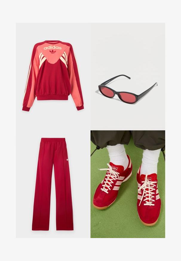 Punane ja roosa Adidas dressipluus pikkade varrukatega, kreemikate triipudega, logoga ja kolmelehe sümboliga esiküljel heledal taustal.; Punased laia lõikega jooksupüksid elastse vööga, külgedel lukuga taskud, valged triibud külgedel ja väike valge logo vasakul reiel.; Punane sametist ja võrgusilma sportlikud kingad valgete triipude ja paeltega. Kummist talla. Kandsid valgeid ribakaitsepükse rohelisel tekstureeritud pinnal.; Mustad ovaalsed päikeseprillid õhukeste kätega ja punase tooniga läätsedega, mis puhkavad valgel pinnal.