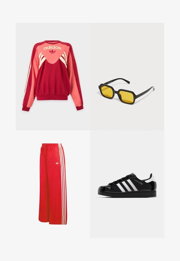 Κόκκινο και ροζ φούτερ Adidas με μακριά μανίκια, κρεμ ρίγες, λογότυπο και σύμβολο τριφυλλιού μπροστά σε ανοιχτό φόντο.; Κόκκινο αθλητικό παντελόνι από ελαφρύ υλικό, με φαρδιά γραμμή, ελαστική μέση, κορδόνι και τρεις λευκές ρίγες σε κάθε πλευρά.; adidas Originals SUPERSTAR II - Αθλητικά παπούτσια - core black/footwear white/gold metallic; Μαύρα ορθογώνια γυαλιά ηλίου με κίτρινους φακούς. Περιλαμβάνουν χοντρές βάσεις και γωνιακό σχέδιο με ομαλή, γυαλιστερή φινίρισμα.
