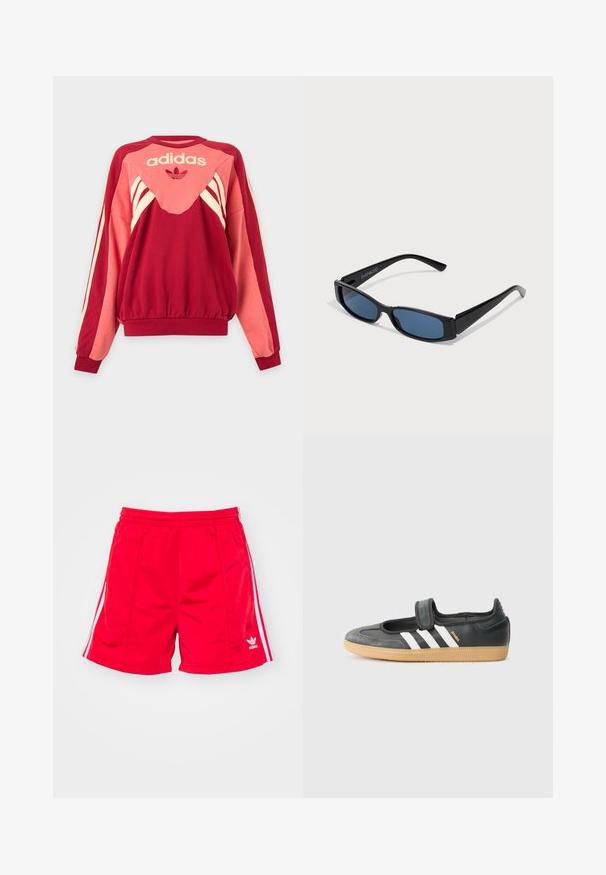 Rode en roze Adidas trui met lange mouwen, crèmekleurige strepen, logo en klaverblad symbool aan de voorkant tegen een lichte achtergrond.; Rode sportieve shorts met een elastische tailleband, voorzien van witte zijstreepjes en een geborduurd logo aan de onderste linkerkant. Glad textuur.; Zwarte leren en suède sneaker met een klittenbandsluiting, voorzien van drie witte strepen en een gumzool, met de naam "SAMBA" aan de zijkant.; Zwarte zonnebril met een slank rechthoekig frame en blauwe lenzen. Heeft een gladde textuur en stevige pootjes. Merklogo aan de zijkant.
