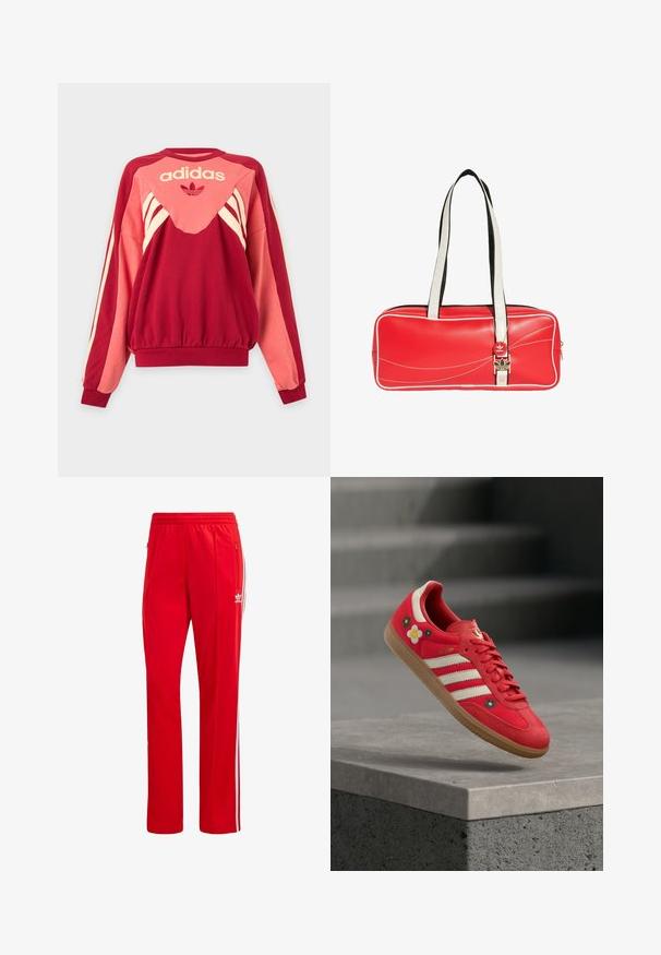 Rode en roze Adidas trui met lange mouwen, crèmekleurige strepen, logo en klaverblad symbool aan de voorkant tegen een lichte achtergrond.; Rode sportieve broek van polyester, met witte zijstrepen en een elastische tailleband. Inclusief ritszakken voor opslag.; Rode sportschoen met witte strepen, bloemrijke borduurwerk en een rubberen zool. Glad stof met suède accenten. Model: Samba.; Rode rechthoekige Adidas schoudertas met witte bies en lange witte handvatten, met zwart en goud logo detail aan de voorkant.