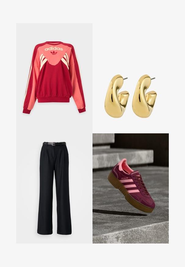 Červená a ružová mikina Adidas s dlhými rukávmi, krémovými pruhmi, logom a symbolom trojlístka na prednej strane na svetlom pozadí.; Čierne široké nohavice vyrobené z hladkej látky, s prednými záhybmi a zodpovedajúcim čiernym opaskom so striebornou prackou.; Vínovočervená semišová teniska s ružovými detailmi, s tromi pruhmi, textúrovanou gumovou podrážkou a zosilnenou špičkou. Čistý dizajn, nízky profil.; Náušnice v zlatej farbe s krivolakým, organickým tvarom. Hladká textúra a leštený povrch. Sú vybavené puzdrami pre bezpečné upevnenie.