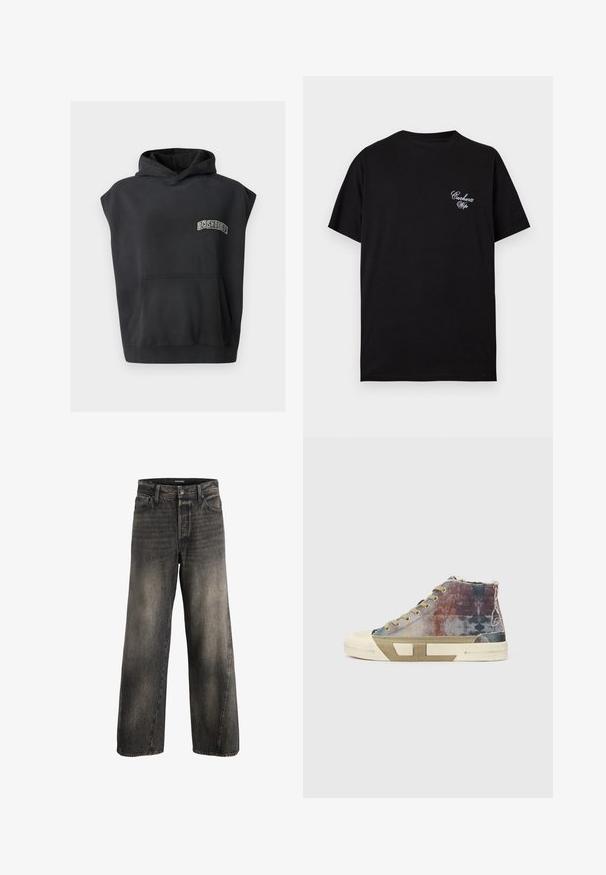 Schwarzes ärmelloses Kapuzensweatshirt mit Tasche vorne und kleinem "DC SHOE CO"-Logo auf der Brust.; Schwarzes T-Shirt mit kurzen Ärmeln und Rundhalsausschnitt mit kleinem weißen Schriftzug "Carhartt Wip" auf der linken Brust.; Hochtaillierte, weit geschnittene schwarze, ausgewaschene Jeans mit vorderem Knopf- und Reißverschluss sowie standartmäßigen Fronttaschen.; High-Top-Sneaker mit einem mehrfarbigen Canvas-Obermaterial mit verblassten Mustern, beiger Sohle und minimalistischem Design. Sichtbare Nähte und Akzente.