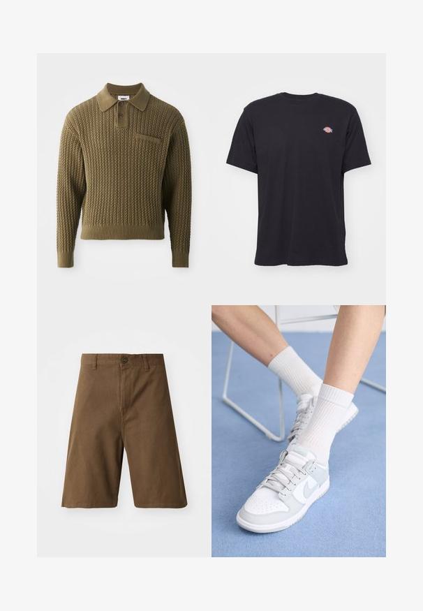 Pull tricoté en vert olive avec un motif texturé, un col et une patte de boutonnage à trois boutons. Présente des poignets et un ourlet côtelés.; T-shirt noir à manches courtes et col rond avec un petit logo Dickies coloré sur la poitrine gauche, sur un fond uni.; Shorts en coton marron avec une coupe droite, dotés d'une fermeture à bouton sur le devant, de passants de ceinture et de poches latérales. Texture lisse et coutures soignées.; Baskets blanches avec des accents bleu clair, tige en cuir, bout perforé, lacets épais et chaussettes blanches côtelées sur fond bleu.
