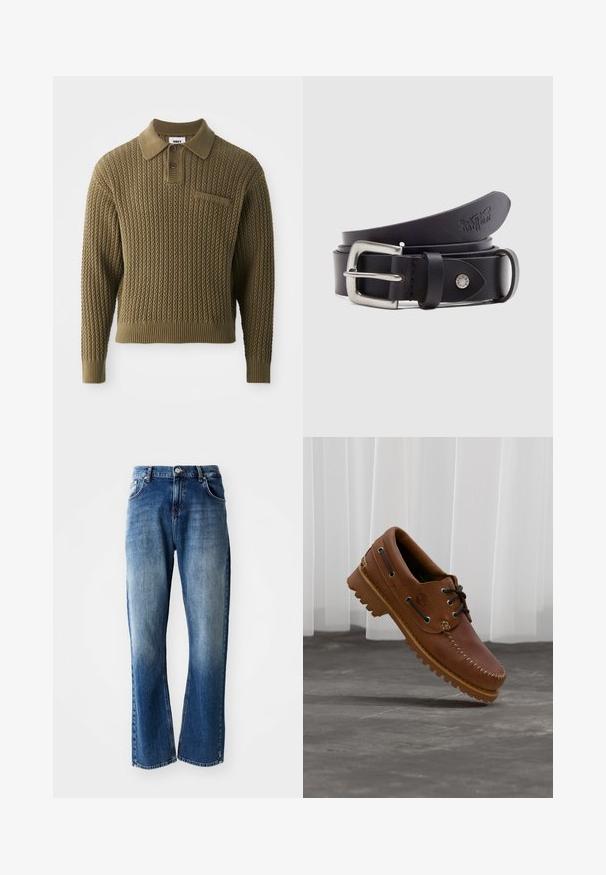 Pull tricoté en vert olive avec un motif texturé, un col et une patte de boutonnage à trois boutons. Présente des poignets et un ourlet côtelés.; Jean en denim à coupe droite, délavage bleu clair et foncé avec des zones usées, cinq poches et une fermeture à bouton.; Chaussure de bateau en cuir marron avec des lacets noirs, des coutures beiges et une semelle robuste, suspendue au-dessus d'un sol en béton gris.; Ceinture en cuir noire avec une boucle en métal argenté, un bouton-pression pour l'ajustement et des détails embossés sur le cuir. Texture lisse sur toute la surface.