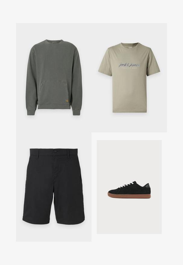 Sweat-shirt gris à manches longues en coton, doté d'un col rond, d'une poche frontale, de poignets côtelés et d'un petit écusson logo à l'ourlet.; T-shirt en coton vert olive à manches courtes, avec le logo blanc "Jack & Jones" et le texte "Creative Dept" dans un design simple et épuré.; Shorts noirs mi-longue avec fermeture à bouton et fermeture éclair, passants pour ceinture et poches latérales, présentés à plat sur un fond blanc.; Baskets basses noires avec lacets blancs, semelle en caoutchouc marron et logo de marque discret sur le côté, vues de profil.
