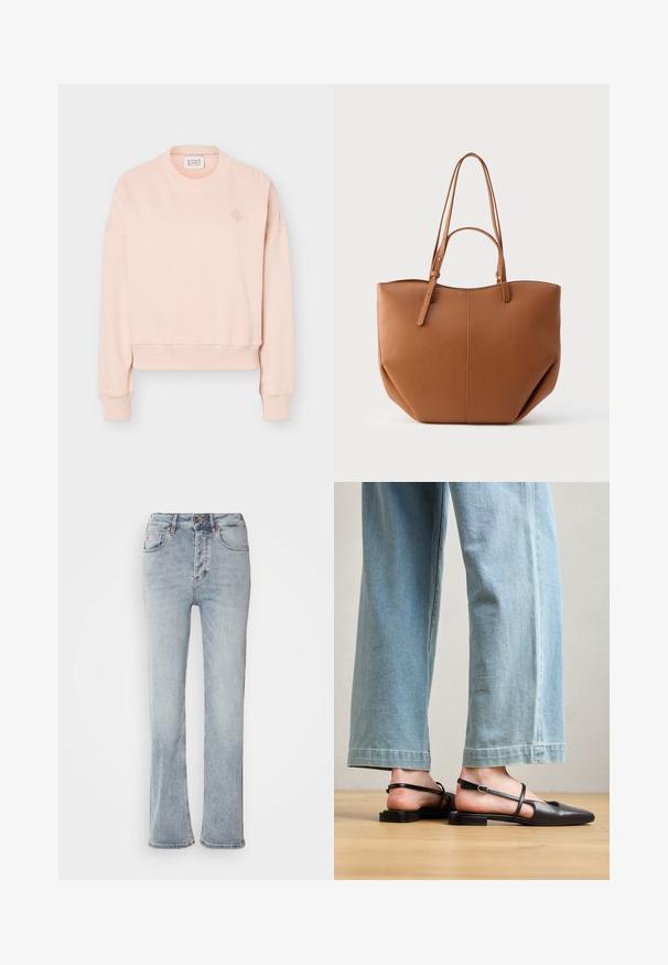 Sweat-shirt rose clair à manches longues avec poignets et ourlet côtelés, col rond et petit logo brodé sur la poitrine gauche.; Jeans en denim bleu clair avec une taille haute, une coupe droite et une légère évasement à l'ourlet. Dotés de surpiqûres décoratives et d'une fermeture éclair.; Chaussures slingback en cuir noir avec un bout pointu, un talon plat et une bride à la cheville ; portées avec un jean large bleu clair.; Sac fourre-tout en simili cuir camel avec deux longues poignées, une forme arrondie, une couture visible et des détails de coutures verticales. Texture lisse.