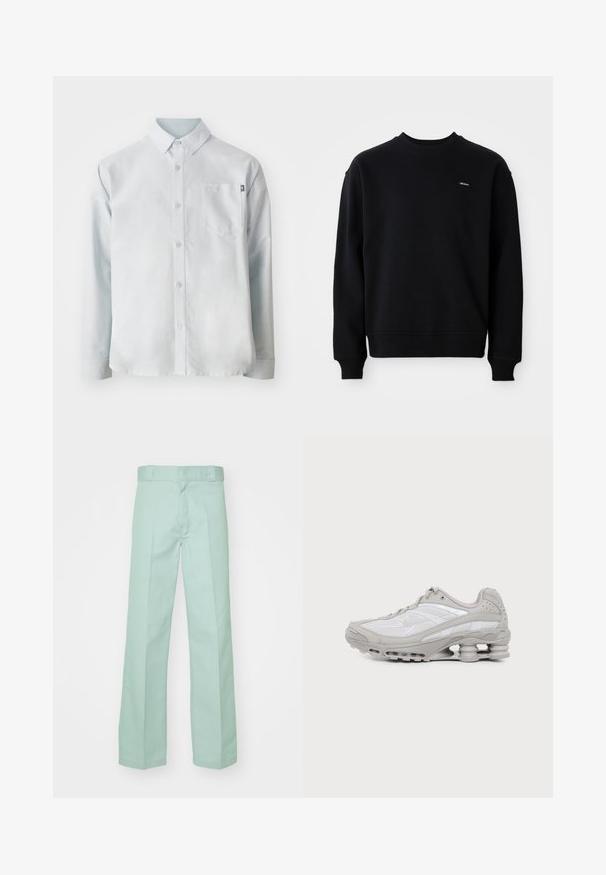 Mustem puuvillasegusega sweatshirt, millel on ümmargune kaelus, soonikkoes mansetid ja alläär, millel on rinnal väike logo.; New Balance OXFORD - Pluus - blue; Heledad rohelised puuvillased püksid sirge jala disainiga, millel on sile tekstuur ja tavaline vöökoht koos nööpide lohkudega.; Hall-valge spordijalats nähtava õhkmadratsi ja võrgust detailidega, esitatud küljepildina lihtsal heledal taustal.