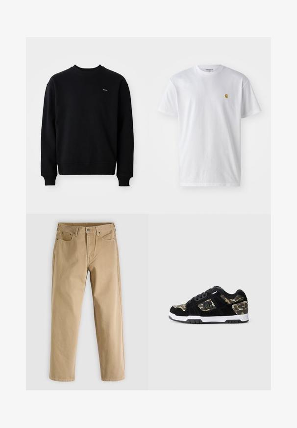 Schwarzer Sweatshirt aus Baumwollmischung mit Rundhalsausschnitt, gerippten Bündchen und Saum, mit einem kleinen Logo auf der Brust.; Weißes Baumwoll-T-Shirt mit kurzen Ärmeln, Rundhalsausschnitt, mit einem kleinen goldenen Logo im linken Brustbereich. Weicher Stoff und normale Passform.; Beige Baumwollhosen mit geradem Bein, Fünf-Taschen-Stil, dezenten Nähten und Metallknopf vorne.; Schwarze Wildledersneaker mit Camouflage-Muster an der Seite, weißer Mittelsohle und schwarzer Gummisohle. Mit Schnürsenkeln und Logodetail an der Seite.