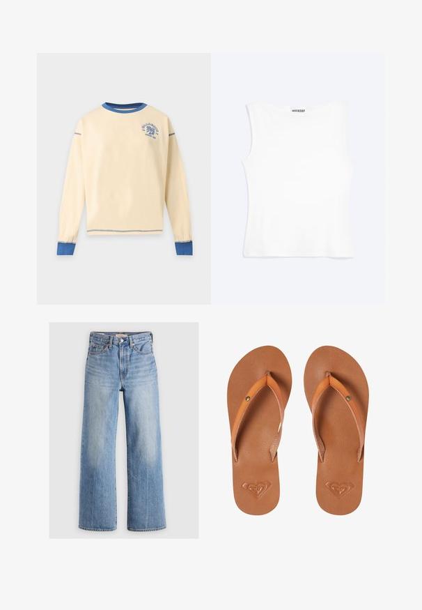 Cremefarvet langærmet T-shirt med rund hals, blå krave, manchetter og syninger, med et lille blåt palmetræ-logo på venstre bryst.; Hvid tætsiddende ærmeløs tanktop med rund halsudskæring og minimalistisk design, mærket "WEEKDAY" indeni kraven.; Lys blå denim vid-leg jeans med høj talje, udvaskede områder, fem lommer og kontrastsyede detaljer. Klassisk knap- og lynlåslukning.; Brune syntetiske klipklapper med orange stropper, tekstureret overflade og præget hjerte-logo detalje på sålen.
