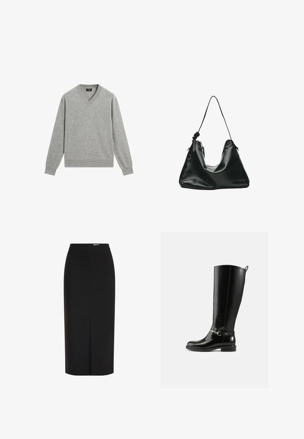 Lysegrå langærmet sweater med V-hals og ribbet manchetter og kant, lavet af blødt strikstof.; Sort midi pencilnederdel med høj talje, frontslids og skjult lynlås på hvid baggrund.; Sorte knæhøje støvler lavet af blankt læder med en sølvfarvet spænde ved anklen og rundet snude. Flad sål.; Sort læder skuldertaske med en enkelt tynd rem og lynlåslukning, vist mod en hvid baggrund.