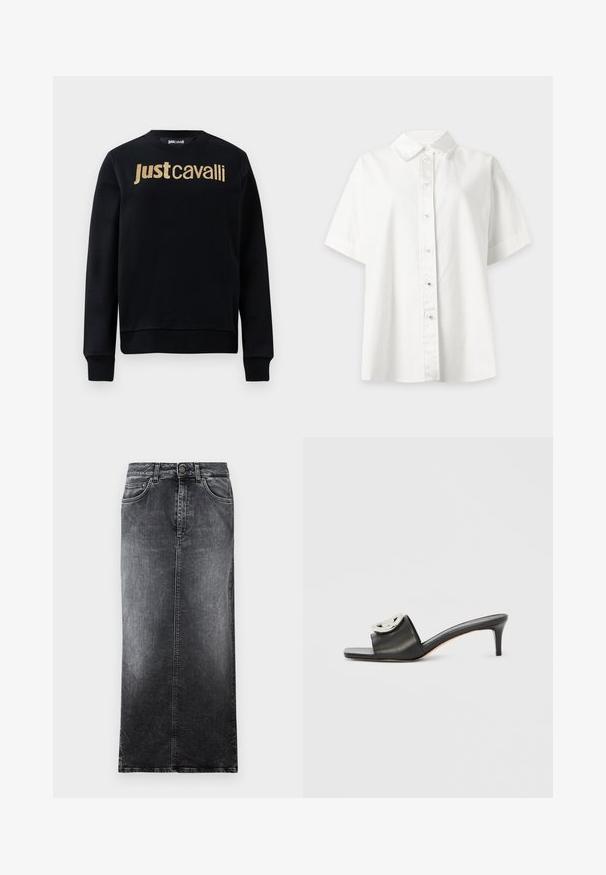 Schwarzer Sweatshirt mit langen Ärmeln und goldglänzendem "Just Cavalli"-Schriftzug auf der Brust, gerippte Bündchen und Saum, Rundhalskragen.; Weißes kurzärmeliges Hemd mit Knopfleiste und spitzem Kragen, auf hellem grauem Hintergrund dargestellt.; Schwarzer Jeans-Maxikleid mit geradem Schnitt, ausgestattet mit fünf Gürtelschlaufen, zwei Vordertaschen und einer verwaschenen Textur.; Schwarze Ledersandale mit quadratischer Spitze und mittelhohem Absatz. Verfügt über ein dekoratives metallisches Akzent am Riemen. Glatte Textur.