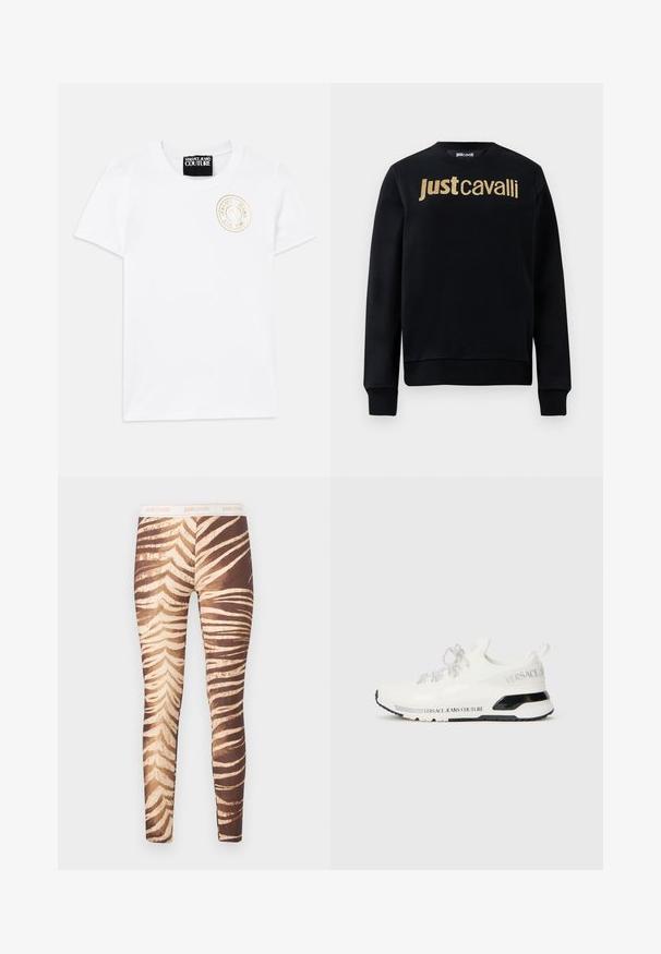 Zwarte sweatshirt met lange mouwen en gouden glitters op de borst met de tekst "Just Cavalli", geribbelde manchetten en onderrand, ronde halslijn.; Witte katoenen t-shirt met korte mouwen en ronde halslijn. Bevat een gouden geborduurd logo op de borst. Eenvoudig en klassiek ontwerp.; Bruin- en beige legging met tijgerstrepen en een witte tailleband met de tekst "just cavalli" in lichtoranje.; Witte sneaker met bovenwerk van mesh, zwarte accenten en reflecterende veters. Is voorzien van de branding "VERSACE JEANS COUTURE" langs de zijkant van de zool.