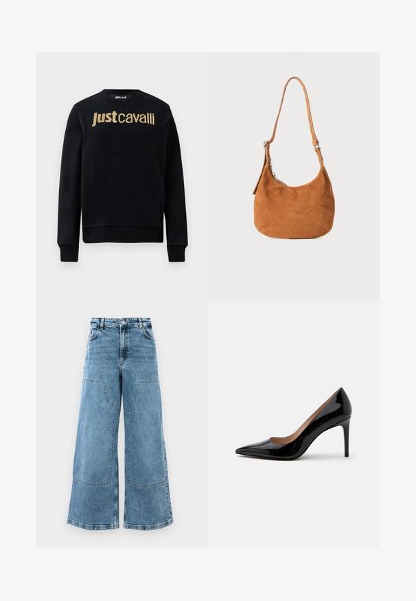 Must mustaheline sweatshirt, millel on kuldsed sädelused "Just Cavalli" tekst rinnal, ribakudumisega mansetid ja äär ning ümar kaelus.; Heledad sinisest denimis laiad püksid kõrge vöökohtadega, suurte esikottidega ja nähtavate õmblustega. Omab klassikalist viie tasku disaini.; Mustast lakknahast kõrge kontsaga king, millel on terav nina ja konts, kuvatud külgvaates ühevärvilise valge tausta peal.; Kerge nahast õlakott, millel on kaarjas disain, reguleeritav rihm, metallne tõmblukk ja esiküljel embosseeritud logo detail.