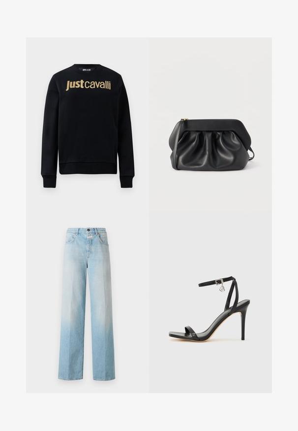 Sweat-shirt à manches longues noir avec le texte doré pailleté "Just Cavalli" sur la poitrine, poignets et ourlet côtelés, col rond.; Jean large en denim bleu clair avec un dégradé usé, featuring un design classique à cinq poches et une fermeture à bouton en métal.; Sandale à talon haut noire avec une bride étroite à la cheville, bout carré, cuir lisse et accent de boucle métallique.; Pochette en cuir noir avec une structure rigide, des détails froncés et une fine lanière de poignet sur fond blanc.
