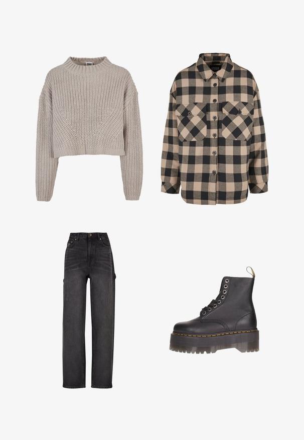 Beige chunky strikket cropped sweater med lange ærmer og ribbet rund halsudskæring samt manchetter.; Rutet flannel skjorte i beige og mørkegrå. Har en knap-ned front, to brystlommer og en nedfoldet krave. Løs pasform.; Højtaljede cargo jeans i sort denim med vid ben-design, sidelommer og subtile falmning detaljer. Holdbart stof og kontraststik.; Sort læder ankelstøvle med seks-øjet snørering, gul syning og en gennemsigtig platformsål med en takket kant.