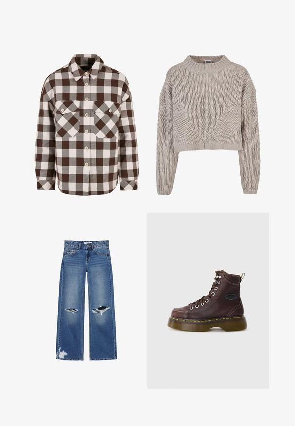 Beige chunky strikket cropped sweater med lange ærmer og ribbet rund halsudskæring samt manchetter.; Brun og hvid plaid knap-op skjorte med to brystlommer, der har en klassisk krave og knap-ned foran. Blød stofstruktur.; Blå jeans med lige ben og slidte huller på begge knæ samt et lille revne nær den nederste venstre buksekant.; Brun læder ankelstøvle med tekstureret overflade, sølv øjer og gul syning. Har en kraftig gennemsigtig sål og en trækstrop.