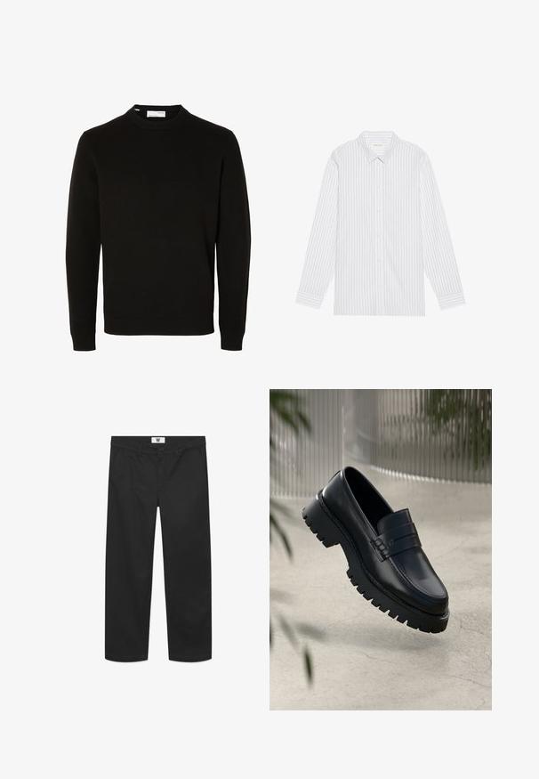 Jersey de punto negro de manga larga con cuello redondo, puños y bajo acanalados, mostrado sobre un fondo blanco liso.; Camisa blanca de botones con finas rayas verticales negras, que presenta un cuello clásico y mangas largas con puños abotonados.; Chinos negros fabricados con un suave tejido de algodón. Cuentan con un cierre de botón, bolsillos frontales y un diseño de pierna recta con bordes limpios.; Mocasines de cuero negro con suela gruesa, que presentan una correa decorativa y detalles de costura. Textura suave con un acabado pulido.