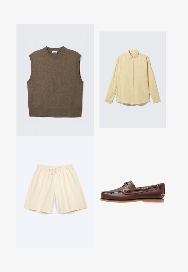 Pull sans manches marron en maille avec un col rond, des bords côtelés et une texture douce ; étiquette indiquant "WEEKDAY".; Chemise jaune à manches longues boutonnée en tissu texturé, avec une poche poitrine, un col pointu et un ourlet arrondi. Étiquette de la marque visible.; Shorts couleur crème jusqu'aux genoux avec taille élastique et cordon de serrage, dotés de poches latérales, posés à plat sur un fond clair.; Chaussure bateau en cuir marron avec coutures blanches, détails de lacets et semelle en caoutchouc beige, vue de côté sur fond blanc.