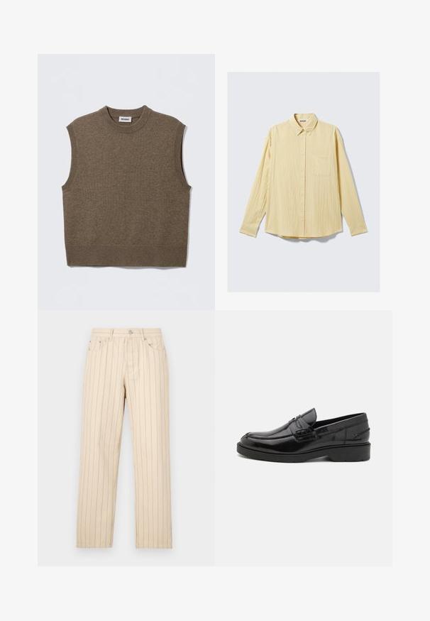 Pull sans manches marron en maille avec un col rond, des bords côtelés et une texture douce ; étiquette indiquant "WEEKDAY".; Chemise jaune à manches longues boutonnée en tissu texturé, avec une poche poitrine, un col pointu et un ourlet arrondi. Étiquette de la marque visible.; Pantalons beiges à jambes droites avec des rayures verticales, dotés d'une fermeture à bouton, de passants de ceinture et de poches latérales. Le tissu a une texture lisse.; Mocassins en cuir noir avec une finition lisse, un bout rond, un petit talon et descoutures décoratives à l'avant. Semelle en caoutchouc pour l'adhérence.