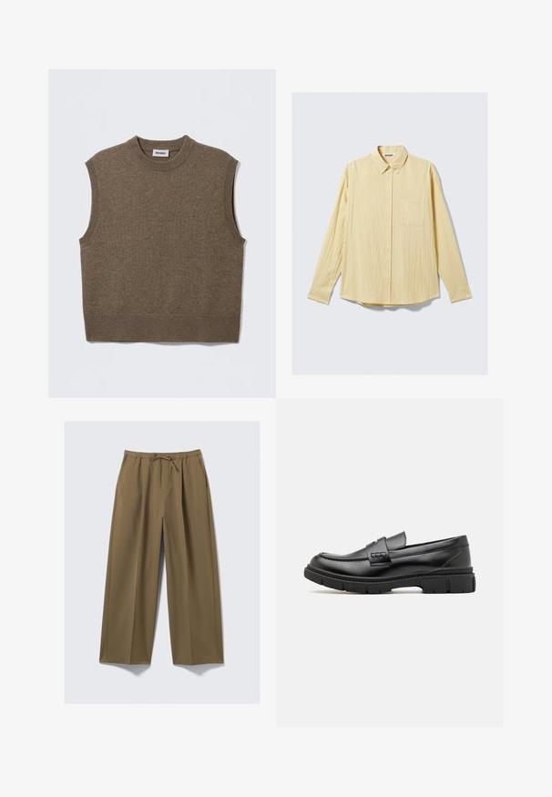 Pull sans manches marron en maille avec un col rond, des bords côtelés et une texture douce ; étiquette indiquant "WEEKDAY".; Chemise jaune à manches longues boutonnée en tissu texturé, avec une poche poitrine, un col pointu et un ourlet arrondi. Étiquette de la marque visible.; Pantalons larges en vert olive, en tissu doux avec une taille élastique et un cordon de serrage ajustable. Comprend deux poches latérales.; Mocassin en cuir noir avec une large sangle sur le devant, semelle en caoutchouc à épaisse rainure, et texture lisse. Design classique et élégant.